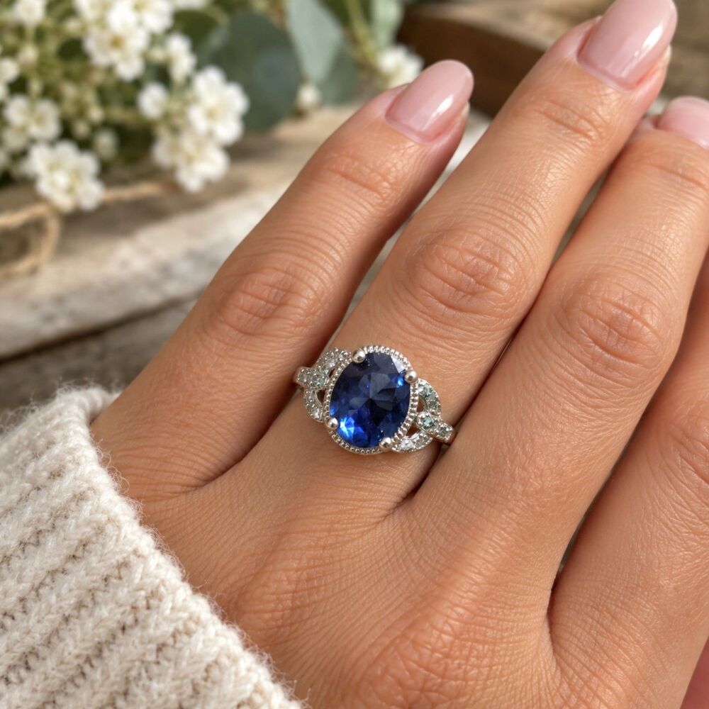 Blue Oval Crystal Statement Ring Silver Tone Rhinestone Vintage Style Size 6